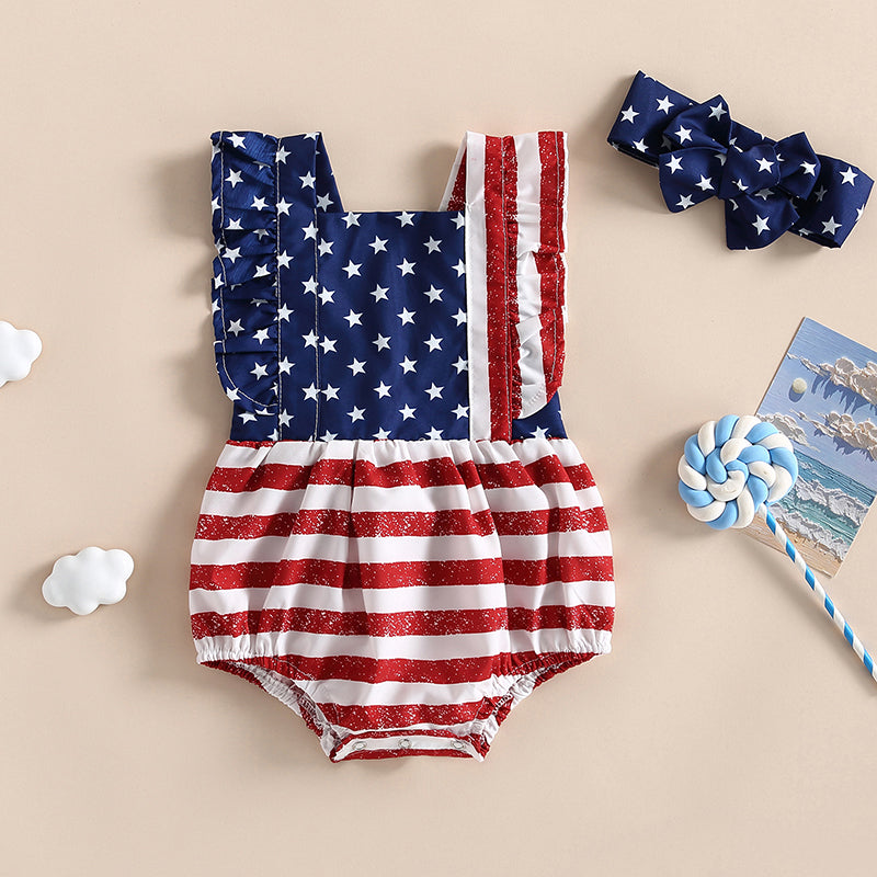 Citgeett Summer Independence Day Infant Baby Girl Outfits Sleeveless Backless Ruffle Bodysuit Headband Clothes Set