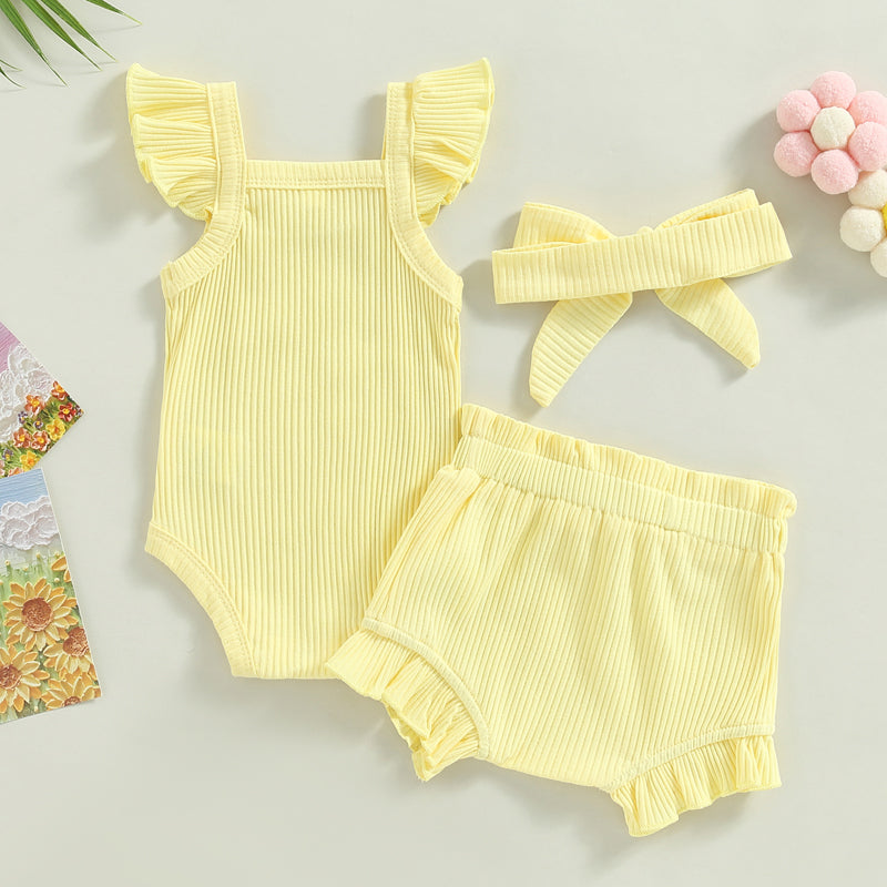 2023-04-12 Lioraitiin 0-18M Toddler Girls 3Pcs Summer Clothes Fly Sleeve Solid Romper Tops Drawstring Short Pants Headband