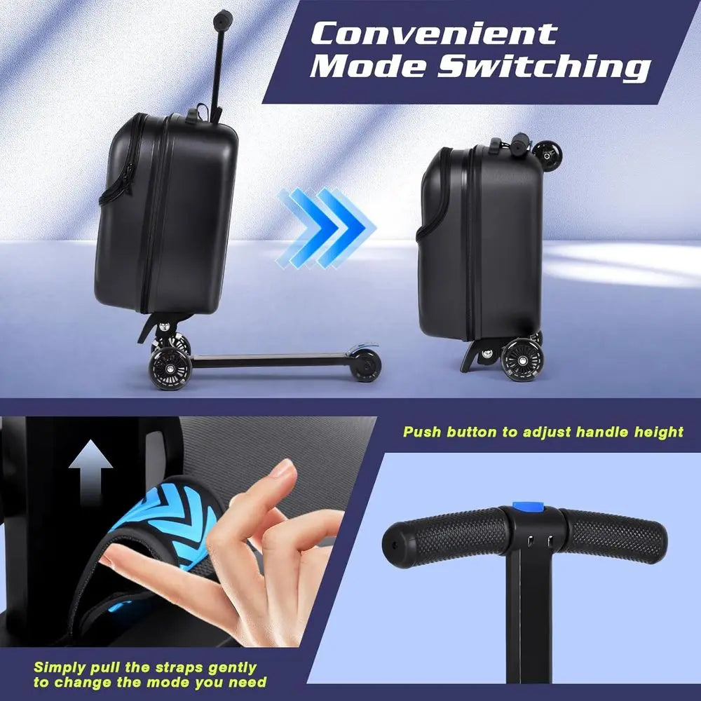 Lightweight 20-inch Scooter Suitcase with Front Opening for Carry-On, Suitable for All Ages in Black