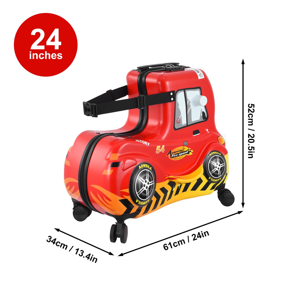 Kids Ride on Suitcase 24 Inch Ride on Trolley Case Cute Red Car Kids Suitcase Cabin Case with Adjustable Handle Wheels