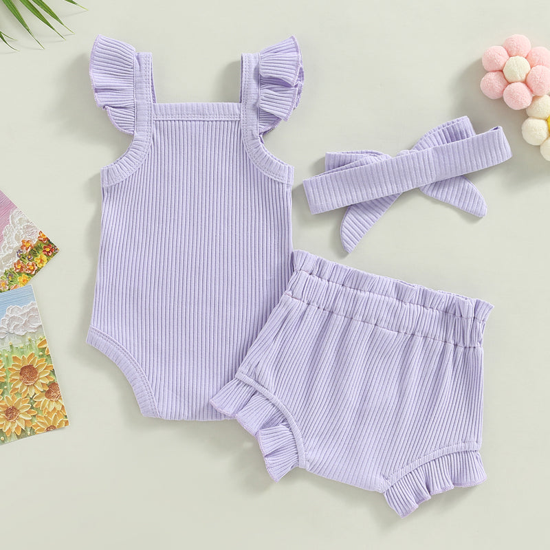 2023-04-12 Lioraitiin 0-18M Toddler Girls 3Pcs Summer Clothes Fly Sleeve Solid Romper Tops Drawstring Short Pants Headband