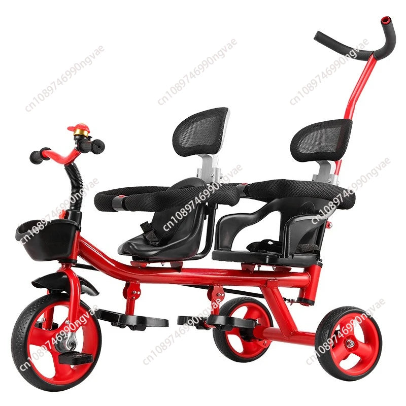 Twin kids tricycle, twin seater two-child pedal stroller, twin baby large lightweight 1-7 year old stroller