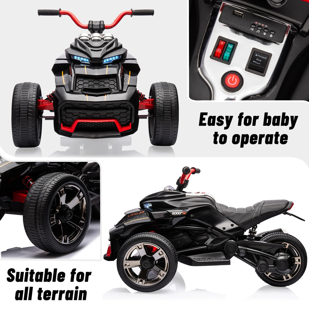 12V Kids Ride-on ATV Motorcycle, 3-Wheeler Electric Toy Car with LED Lights, Music, Horn, USB & Treaded Tires Battery-Powered