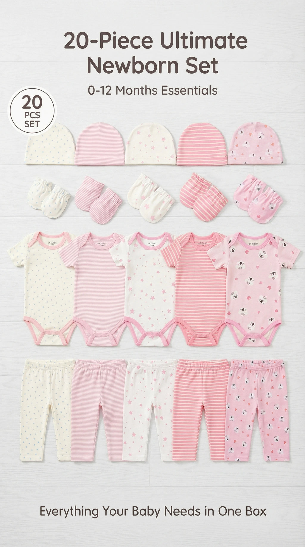 baby girl clothes pink cotton 20 pieces set 5 onesie 5 pants 5 gloves 5 hats newborn romper sets infant outfits soft homewear best gift for new mom