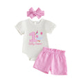 Toddler Girls Summer Outfits Short Sleeve Floral Print Romper Skirt Bow Headband Set Baby Clothes for Birthday Party