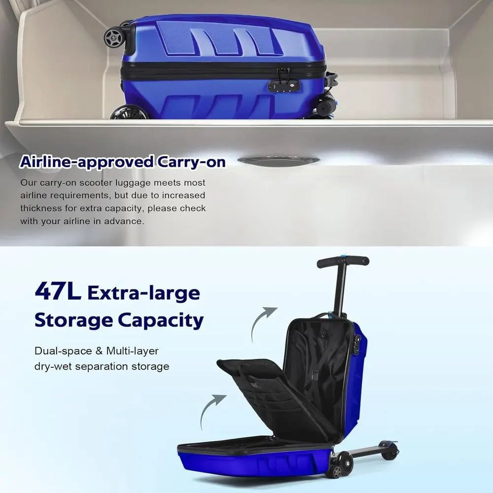 Lightweight 3D Hardshell Ride-On Scooter Suitcase with LED Wheels, TSA Lock for Kids & Adults (Blue, 21-inch)