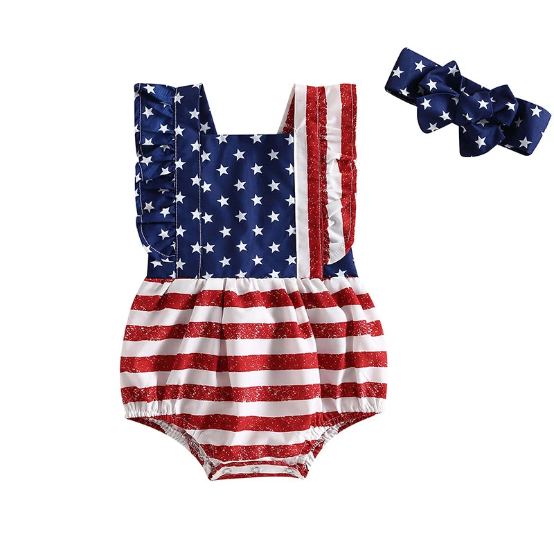 Citgeett Summer Independence Day Infant Baby Girl Outfits Sleeveless Backless Ruffle Bodysuit Headband Clothes Set