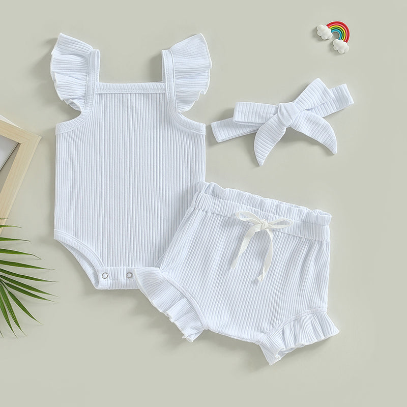 2023-04-12 Lioraitiin 0-18M Toddler Girls 3Pcs Summer Clothes Fly Sleeve Solid Romper Tops Drawstring Short Pants Headband