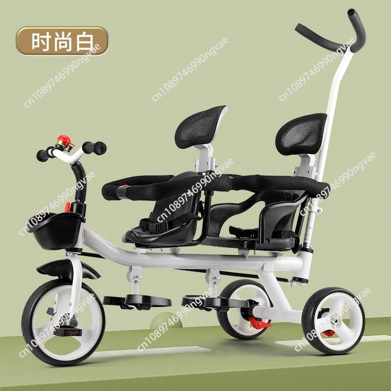 Twin kids tricycle, twin seater two-child pedal stroller, twin baby large lightweight 1-7 year old stroller
