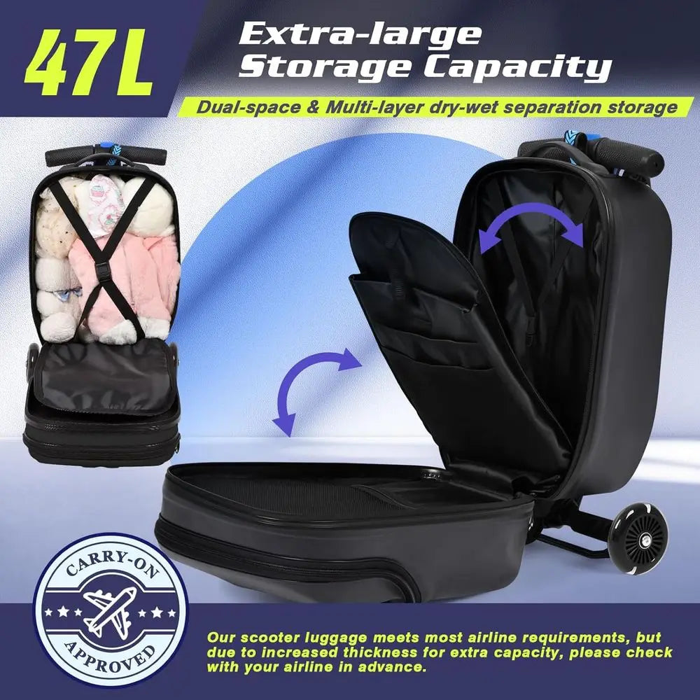 Lightweight 20-inch Scooter Suitcase with Front Opening for Carry-On, Suitable for All Ages in Black