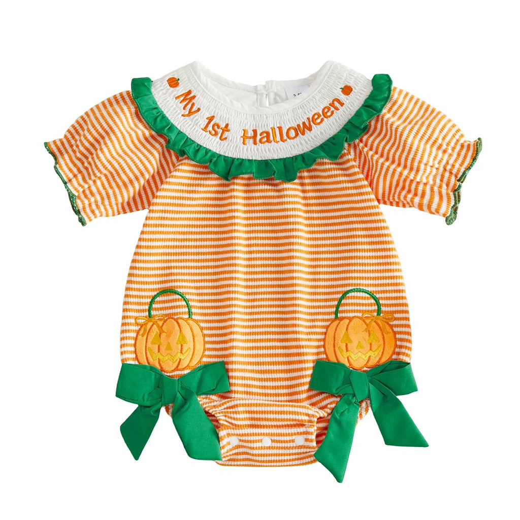 Infant Halloween Costume Romper with Spooky Ghost and Pumpkin Embroidery Striped Print and Crew Neck - Adorable Baby Girl