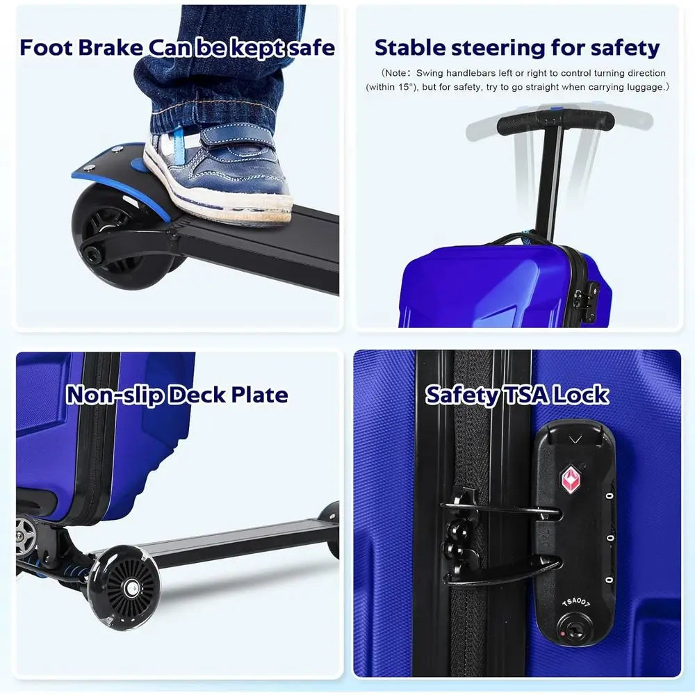 Lightweight 3D Hardshell Ride-On Scooter Suitcase with LED Wheels, TSA Lock for Kids & Adults (Blue, 21-inch)