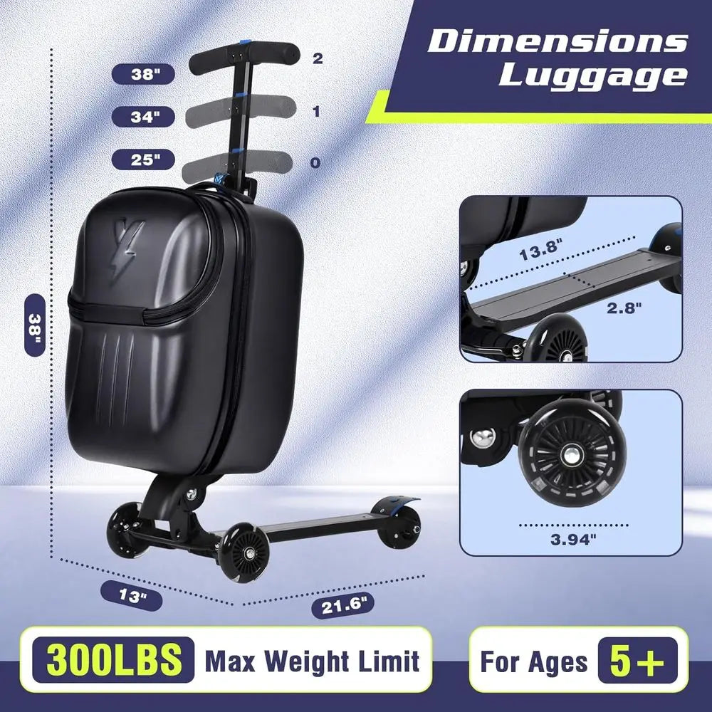 Lightweight 20-inch Scooter Suitcase with Front Opening for Carry-On, Suitable for All Ages in Black
